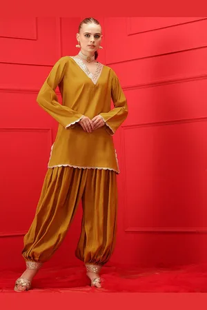 indo street V-Neck Lace Detailing Straight Kurta With Patiala