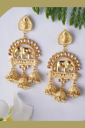 Adwitiya Collection Gold-Plated Kundan Studded Enamelled Dome Shaped Jhumkas