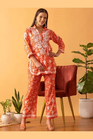 ADAM Co. Women Floral Printed Thread Work Pure Cotton Kurti with Trousers
