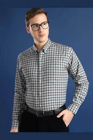 HANCOCK Men Button-Down Collar Windowpane Checked Cotton Slim Fit Formal Shirt