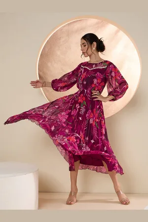 Antheaa Floral Print Puff Sleeve Chiffon Fit & Flare Midi Dress