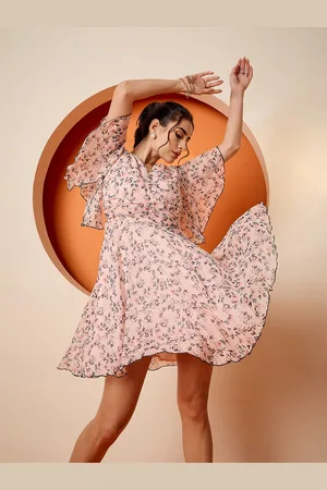 Antheaa Floral Print Flutter Sleeve Chiffon A-Line Dress