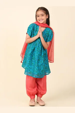 Fabindia Girls Ethnic Motifs Printed Cotton Silk Anarkali Kurta & Salwar & Dupatta