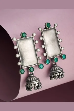 Fabindia Silver Plated Stone Studded Contemporary Jhumkas