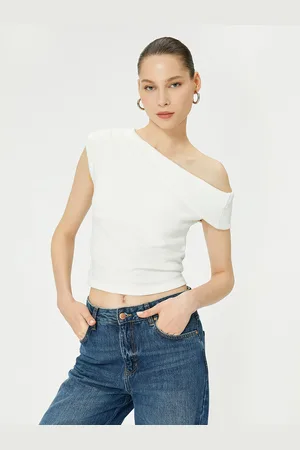 Koton Solid One Shoulder Extended Sleeve Cotton Crop Top