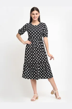 BRINN Polka Dot Printed Fit & Flare Short Sleeves Midi Dress