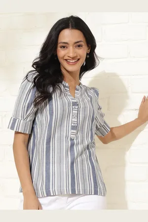 Fabindia Striped Round Neck Puff Sleeves Cotton Top