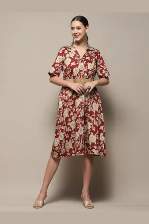 Biba Floral Printed Cuban Collar Belted A-Line Dress
