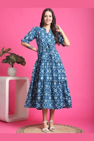 Claura Blue Floral Printed Mandarin Collar Tiered Cotton Cambric Fit & Flare Midi Dress