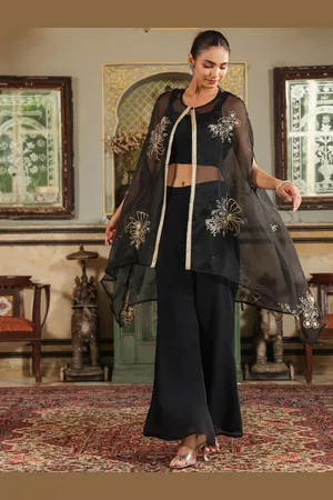 Janasya Georgette Zari Embroidered Crop Top With Trousers & Cape Set