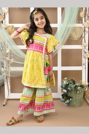 LIL PITAARA Girls Floral Printed Angrakha Gotta Patti Pure Cotton Kurti With Sharara