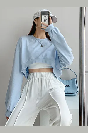 LULU & SKY Women Boat Neck Cuffed Sleeves Solid Crop Top