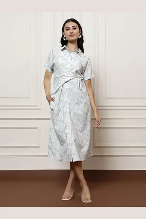 ATHENA Women Floral Print Linen Shirt Midi Dress
