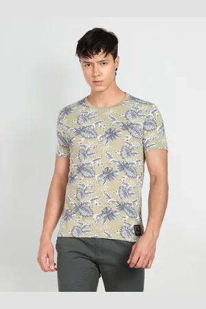 Flying Machine Men Floral Printed V-Neck Tropical Raw Edge Slim Fit T-shirt