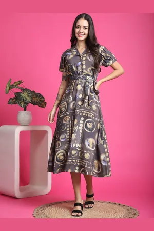 Claura Women Abstract Print Puff Sleeves A-Line Midi Dress