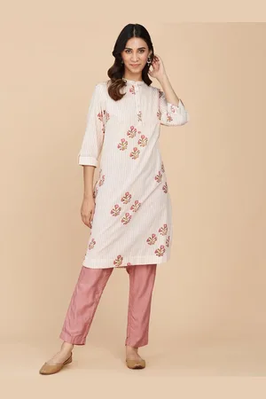 Fabindia Floral Printed Mandarin Collar Cotton A-Line Kurta