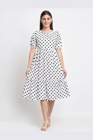 BRINN Women Polka Dot Print Puff Sleeve Fit & Flare Midi Dress