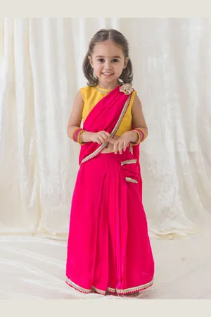 Tiber Taber Girls Zari Embroidered Ready to Wear Saree Set