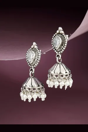Fabindia Silver-Plated Artificial Stones Studded Contemporary Jhumkas