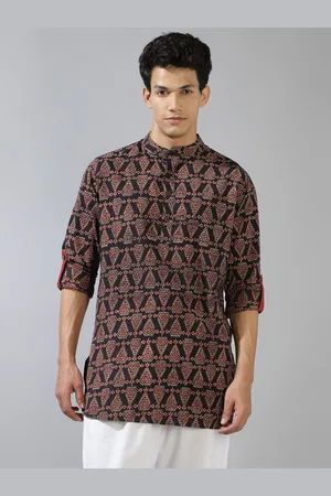Fabindia Ethnic Motifs Printed Band Collar Straight Pure Cotton Kurta