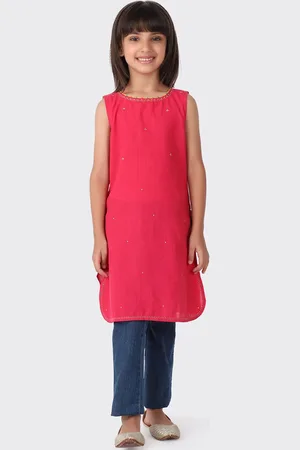 Fabindia Girls Soild Red Embroidered Kurta