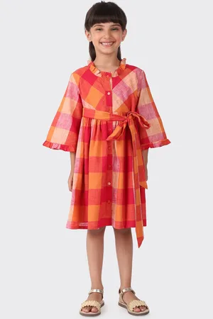 Fabindia Girls Red & Orange Checked Dress