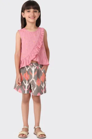Fabindia Girls Pink & Brown Pure Cotton Top with Shorts