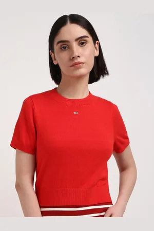 Tommy Hilfiger Women Solid Short Sleeves Ribbed Pullover Sweaters