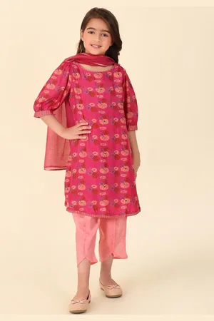 Fabindia Girls Ethnic Motifs Printed Round Neck Straight Kurta With Salwar & Dupatta