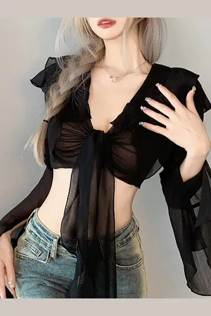 LULU & SKY Women V-Neck Bell Sleeves Ruffles Solid Crop Top