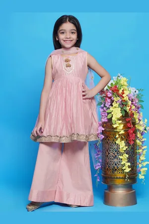 Little Bansi Girls Embroidered Regular Pure Cotton Anarkali Kurta With Palazzos & Dupatta
