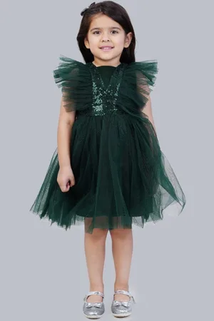 Bella Moda Girls Embellished Flutter Sleeves Sequined Fit & Flare Dress