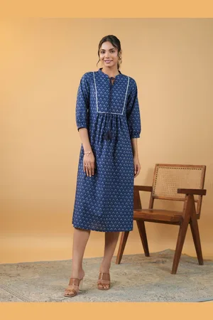 Janasya Floral Printed Tie-Up Neck Pure Cotton A-Line Dress