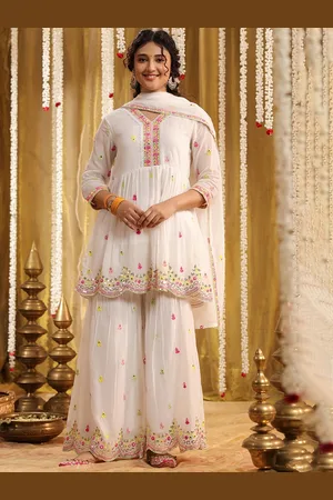SCAKHI Floral Embroidered Pure Cotton Anarkali Kurta & Sharara With Dupatta