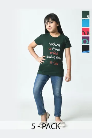 BAESD Girls Pack Of 5 Typography Printed Cotton Slim Fit T-shirts