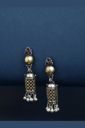 Fabindia Silver Artificial Stones Studded Contemporary Jhumkas