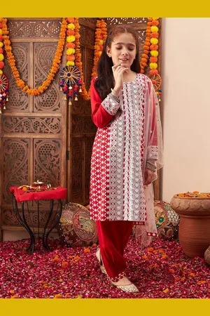 Cherry & Jerry Girls Ethnic Motifs Embroidered Regular Chikankari Kurta with Salwar & With Dupatta
