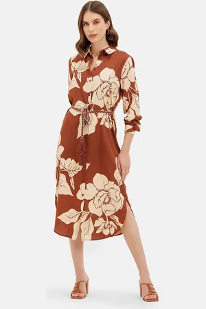 Kazo Floral Printed Crepe Shirt Collar Shirt Midi Dress