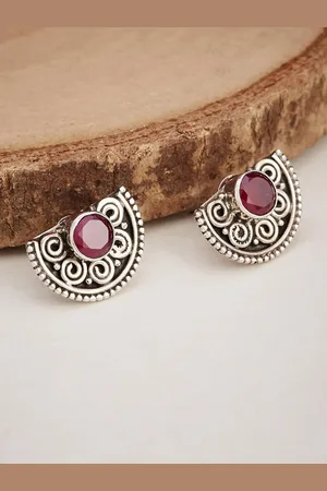 Fabindia Silver-Plated Oxidised Artificial Stones Studs Earrings