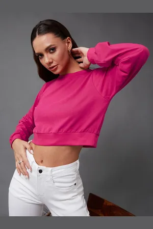 Miss Chase Women Solid Full Sleeve Round Neck Cotton Crop Tops