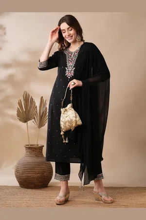 Globus Black Floral Embroidered V-Neck Sequinned Kurta with Trousers & Dupatta