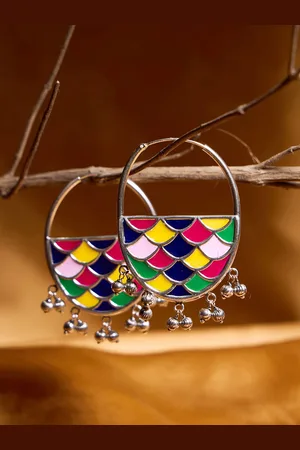 House of Pataudi 925 Sterling Silver Rhodium-Plated Enamelled Oval Hoop Earrings
