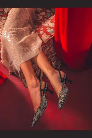 SAINT G. Printed Pointed Toe Leather Kitten Heeled Pumps