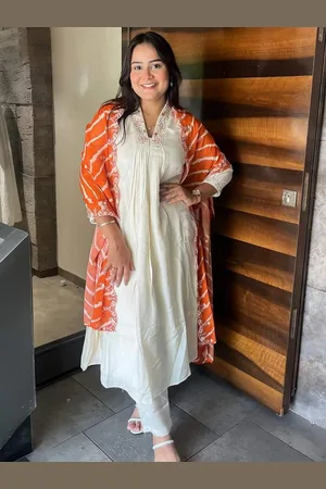 Lilots Floral Yoke Design Thread Work Pleated A-Line Kurta with Trousers & Dupatta