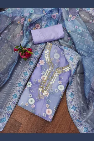 Ishin Floral Embroidered Beads and Stones Organza Unstitched Dress Material