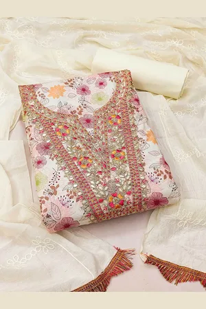 Ishin Beige Floral Embroidered Beads and Stones Unstitched Dress Material