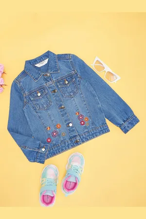 Pantaloons Girls Floral Crop Denim Jacket with Embroidered