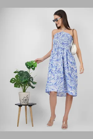 BEATNIK Women Floral Printed Halter Neck Smocked Knee Length Dress