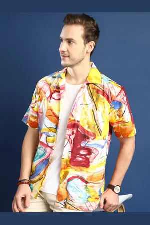 HANCOCK Men Comfort Cuban Collar Abstract Printed Cotton Relaxed Fit Casual Shirt