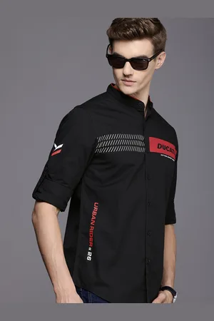 DUCATI Brand Logo Printed Band Collar Pure Cotton Casual Shirt